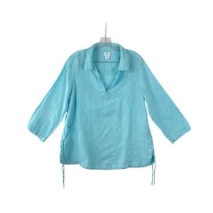 SIGRID OLSEN Blue Beachy Coastal 100% Linen‎ Swim Cover Up Tunic Blouse Size MED